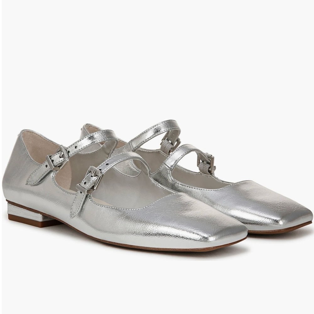 NWT Franco Sarto Tesoro Metallic Silver Mary Jane Flats with Modern Straps